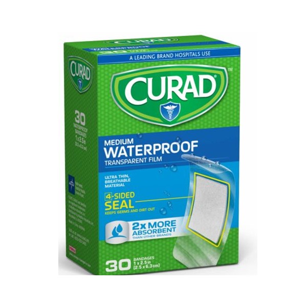 CURAD Clear Waterproof Adhesive Bandage 1"x2.5" (30/box)